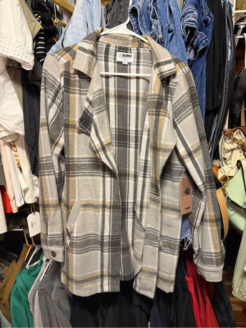Ci Sono Plaid Open-Front Pea Coat in Beige, Gray & Brown